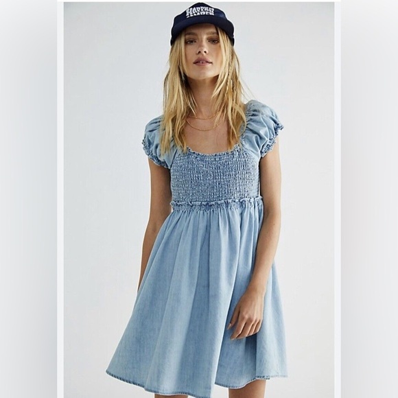 FREE PEOPLE Daphne Denim Mini Dress Corset Tie Up Back Boho - Picture 7 of 11
